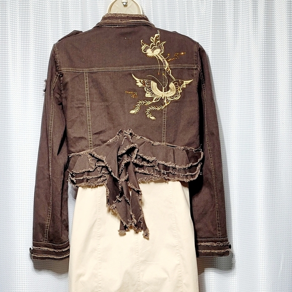 Banana Dark Brown Denim Crop Raw Edge Military Jacket Women's (S**) Made in USA - Picture 5 of 14